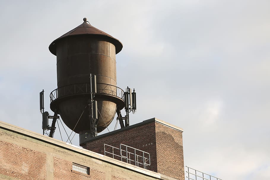 water tower, tower, building, old, metal, rooftop, bricks, wall, built structure, architecture