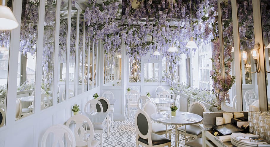 hanging, flowers, room, interior, design, chairs, table, aesthetic, restaurant, fancy