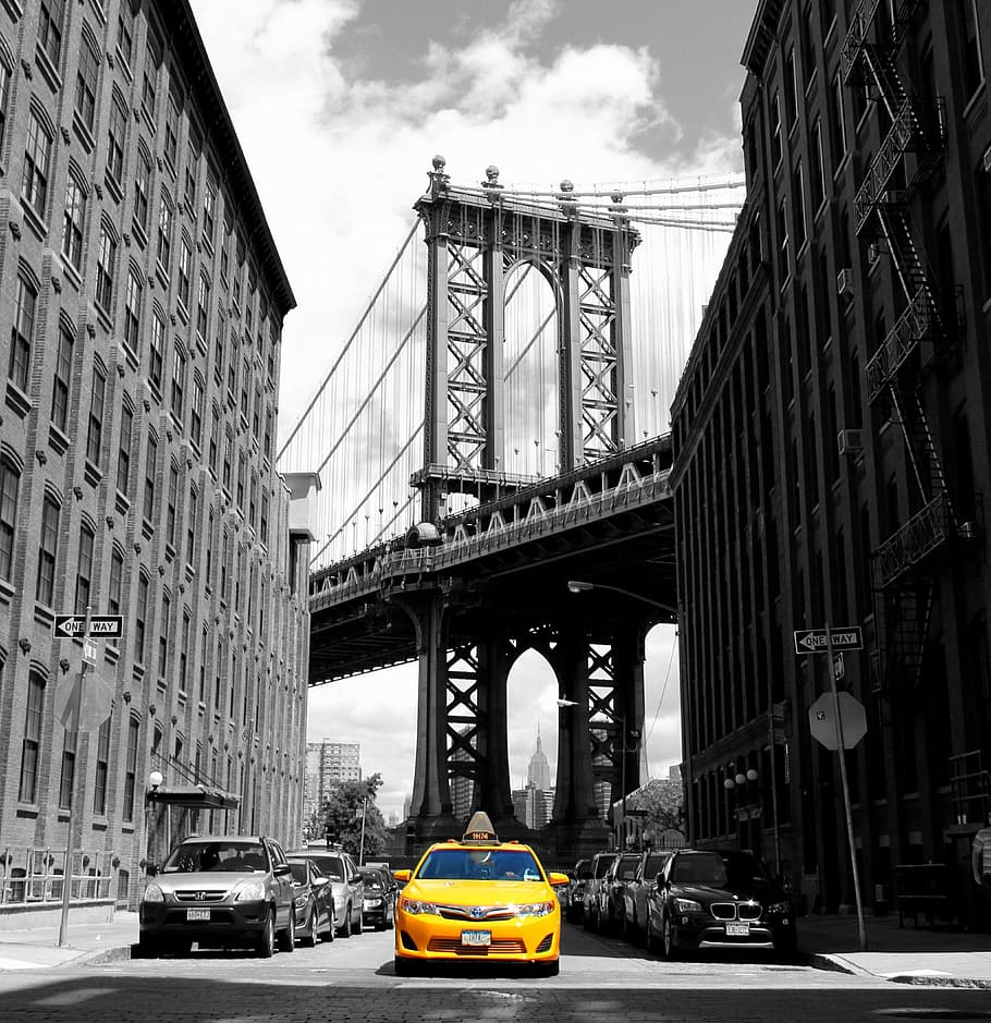 selective, color, yellow, car, buildings, yellow cab, yellow taxi, new york, new york taxi, taxi