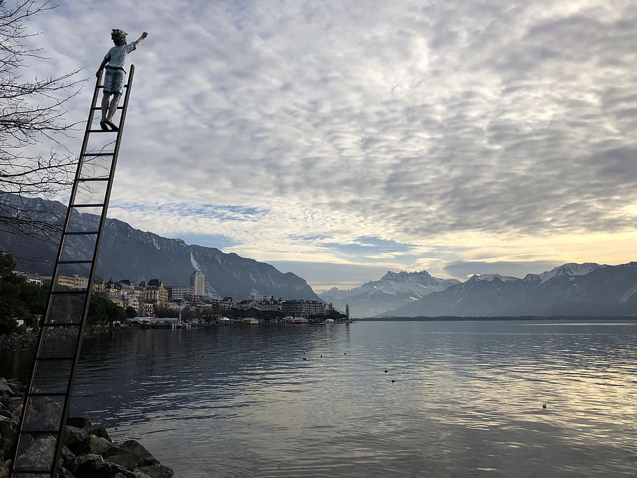 statue, scale, lake, child, hand, clouds, evening, sunset, geneva, montreux