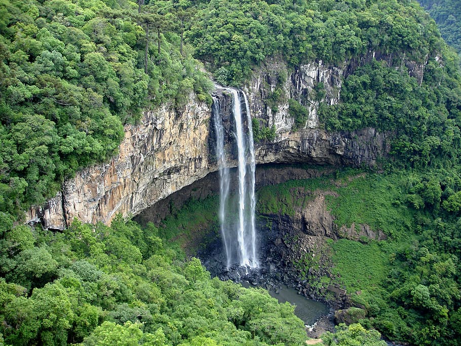 aerial, view, waterfalls, covered, trees, caracol, waterfall, brazil, rio grande do sul, nature
