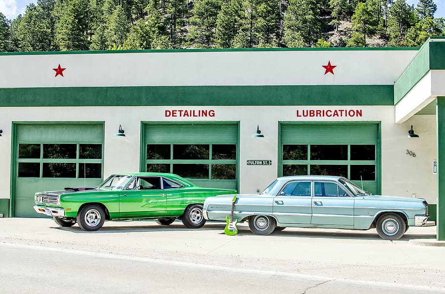 two, green, gray, cars, gas station, vintage, classic cars, muscle cars, retro, gas