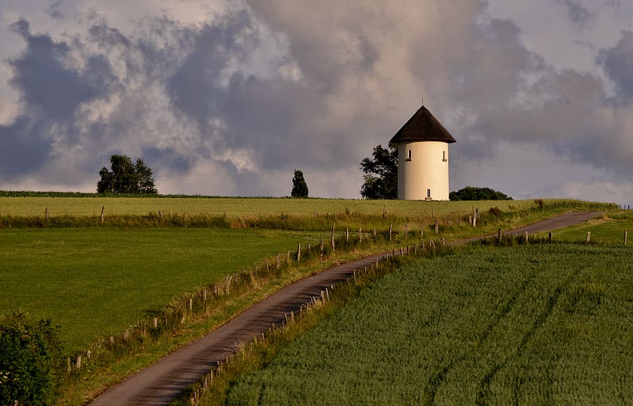 water tower, hilly, green, nature, landscape, summer, grass, view, clouds, luxembourg