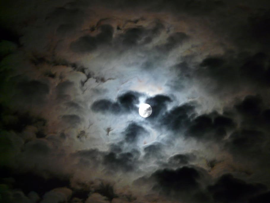 gray, clouds, covering, moon, night, dark, hell, light, mystical, romantic