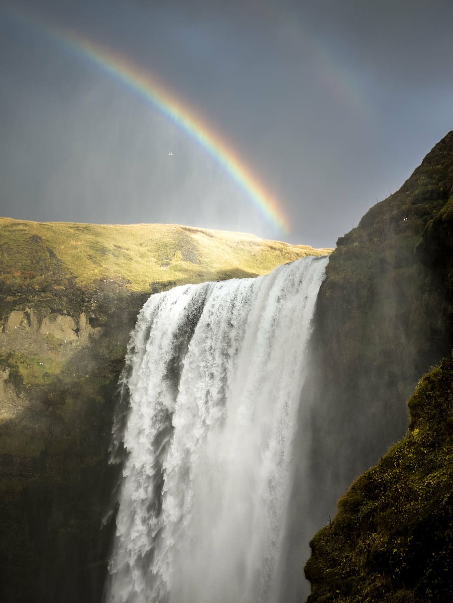 waterfalls on mountain, waterfall, iceland, rainbows, nature, water, landscape, mountain, scenic, outdoors