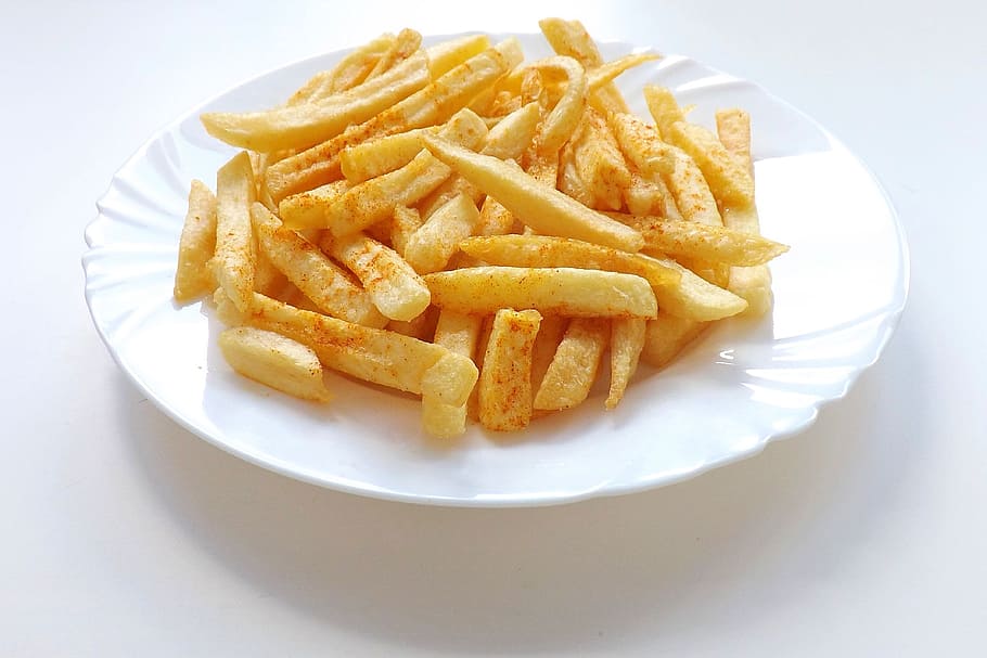 potato fries, plate, french fries, food, french, potato, prepared potato, fast food, ready-to-eat, unhealthy eating