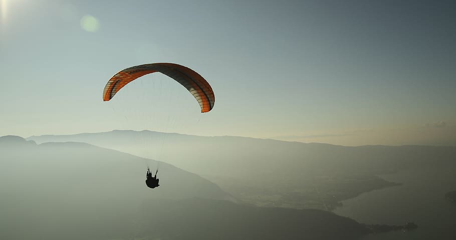 person in parachute, paragliding, people, adventure, mountain, outdoor, highland, sky, view, extreme Sports