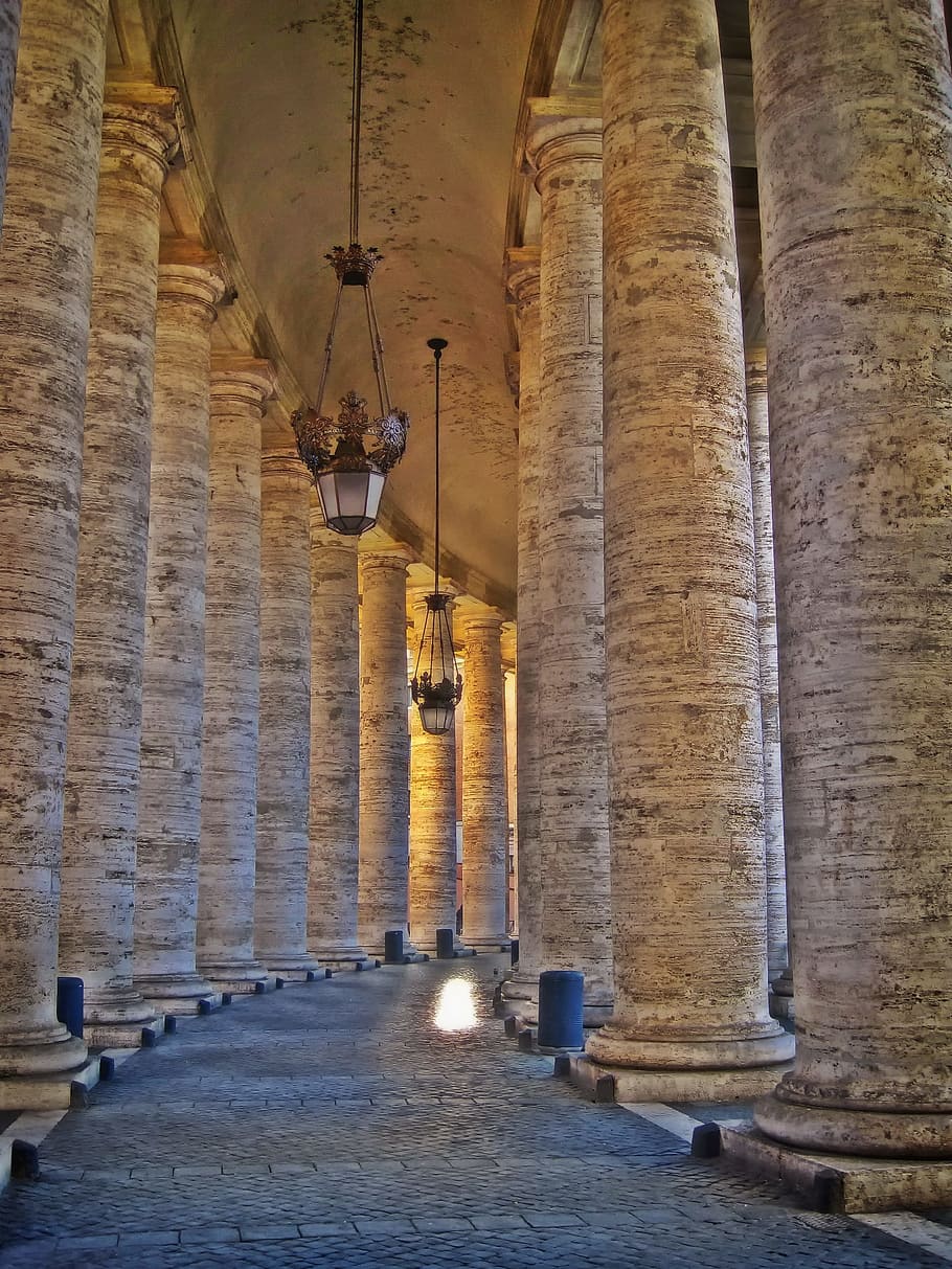 muro de hormigón marrón, columnata de bernini, st, peter's square, roma, italia, hito, histórico, destinos, columnas