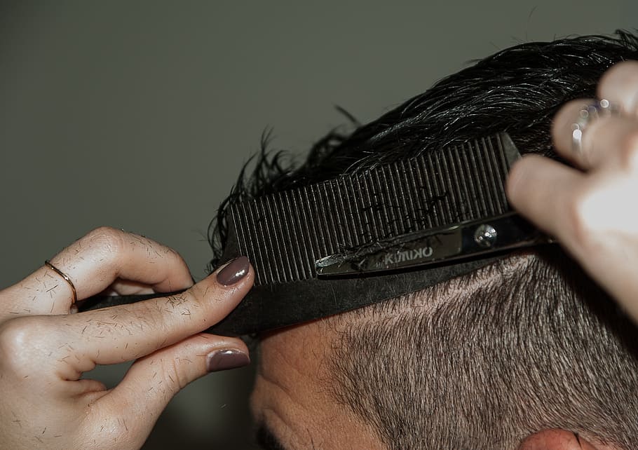 person, holding, shear, hair comb, cutting, man hair, hairdresser, cup, comb, pair of scissors