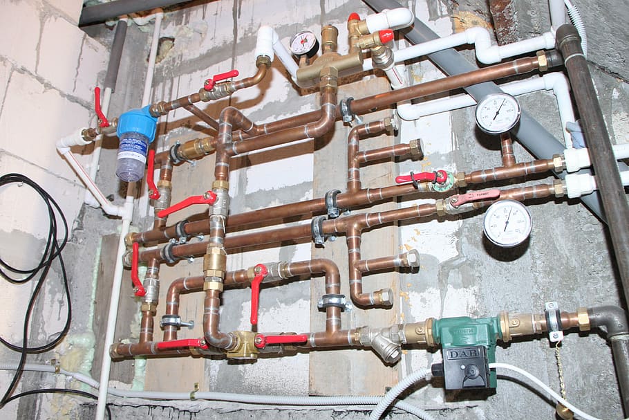 copper pipe, wall, automation, bypass, copper, heating, manometer, mixing, pipes, storage