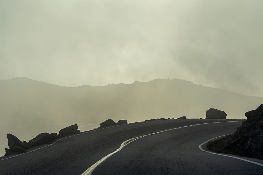 misty, mountain, road, curvy, fog, clouds, sky, driving, cliffs, fall