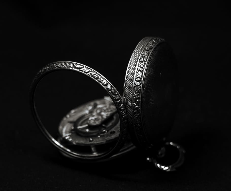 jewellery, pocket watch, hand engraving, analog, watches, close-up, indoors, metal, still life, two objects