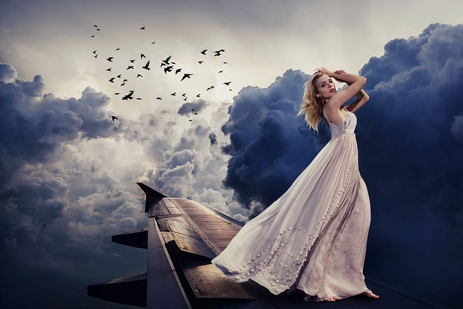 women, white, sleeveless, long, dress, woman, aircraft, clouds, sky, girl