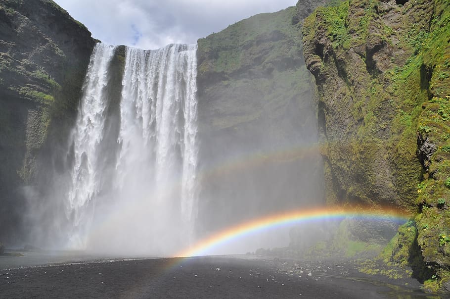 islândia, bílá, skogafoss, arco-íris, natureza, paisagem, cachoeira, paisagens - natureza, água, beleza na natureza