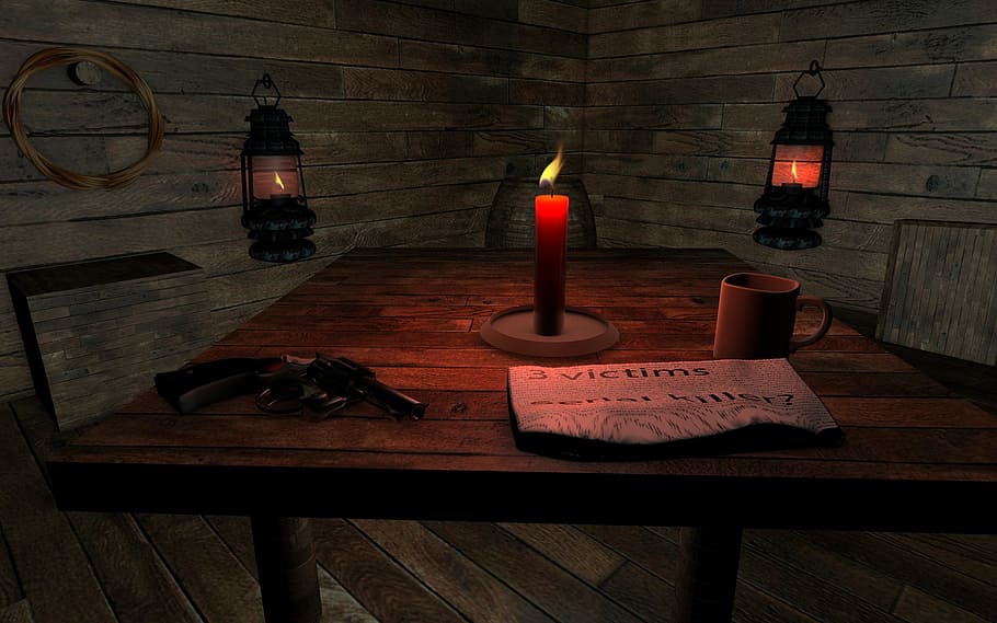 hut, wood, weapon, newspaper, serie killer, candle, mood, background, log cabin, vacation