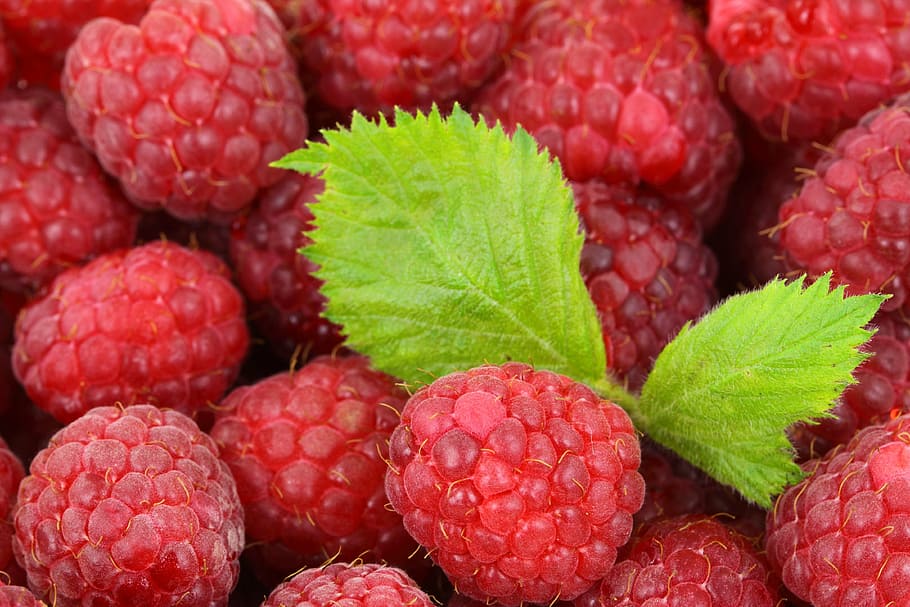 macro photography, strawberries, background, berry, detail, food, fresh, fruit, leaf, raspberry