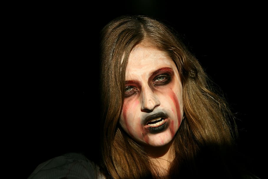 mulher, pintura no rosto, dia das bruxas, menina, fantasma, medo, rosto humano, fundo preto, mulheres, pessoas