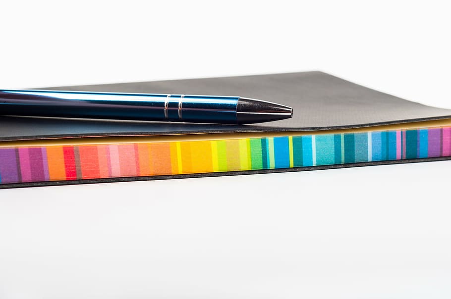 black, ball-point pen, notebook, colorful, school, stationary, white, book, office, paper