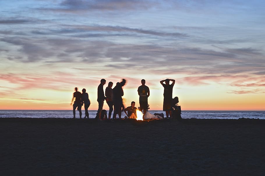 man, woman, body, water, campfire, beach, people, party, sunset, twilight