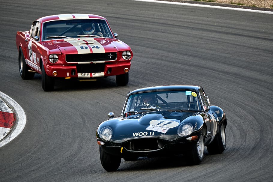 racing car, historically, race, curve, jaguar, ford mustang, nürburgring, classic, race car driver, nostalgia