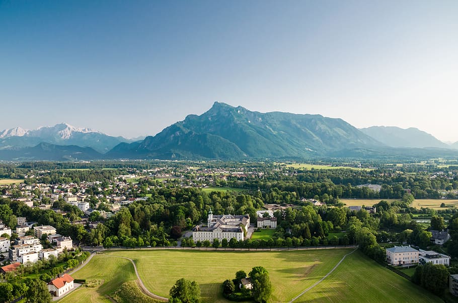 aerial, building, alps, alpine, swiss, italy, village, town, city, rural