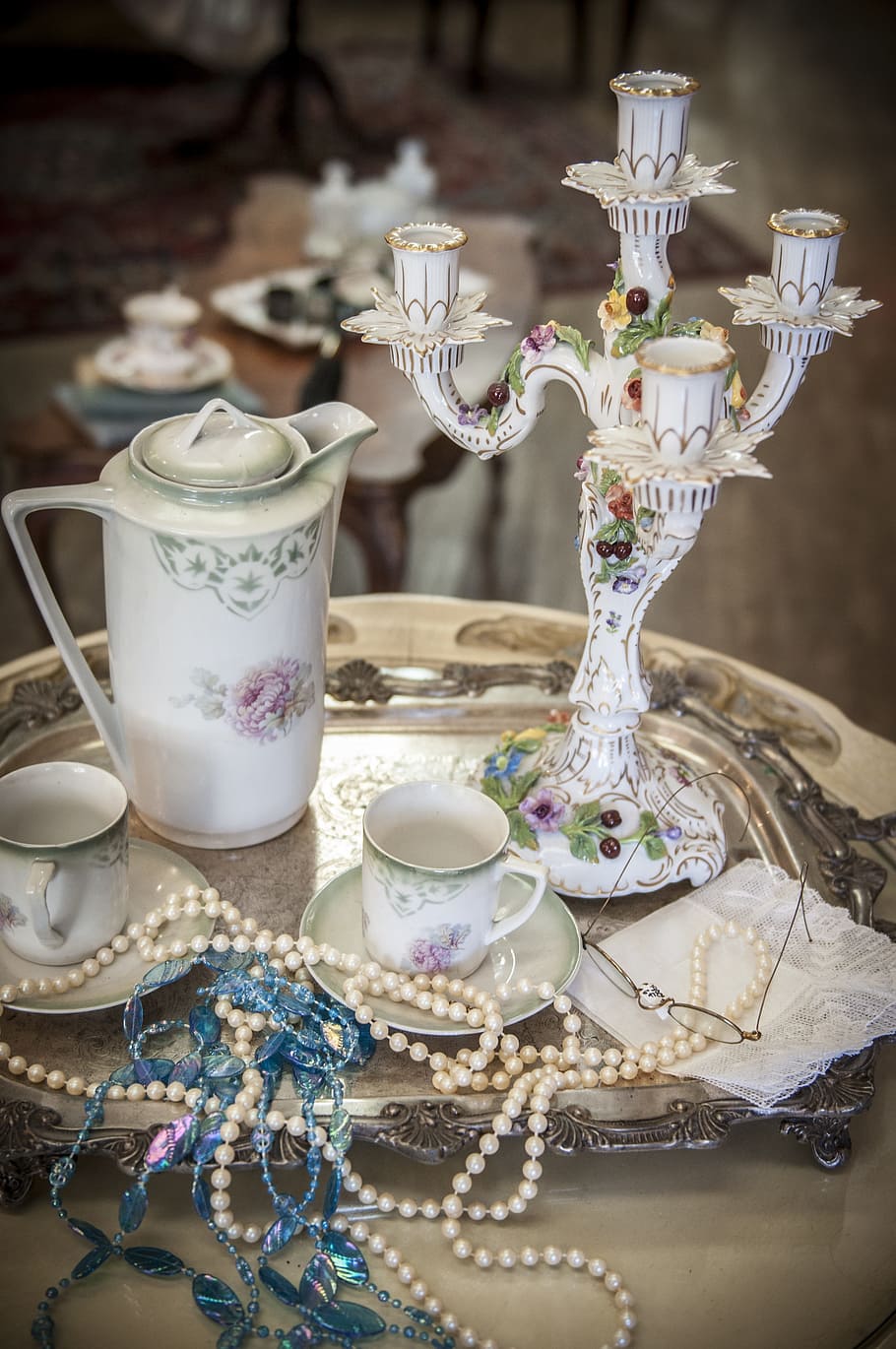 vintage tea set, tea set, tea cup, candelabra, candle holder, tea, vintage, cup, retro, collection
