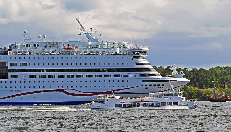 cruise ship sailing, island, sweden, deep-sea ferry, stockholm, archipelago, large shipping lane, viking line, cinderella, baltic sea