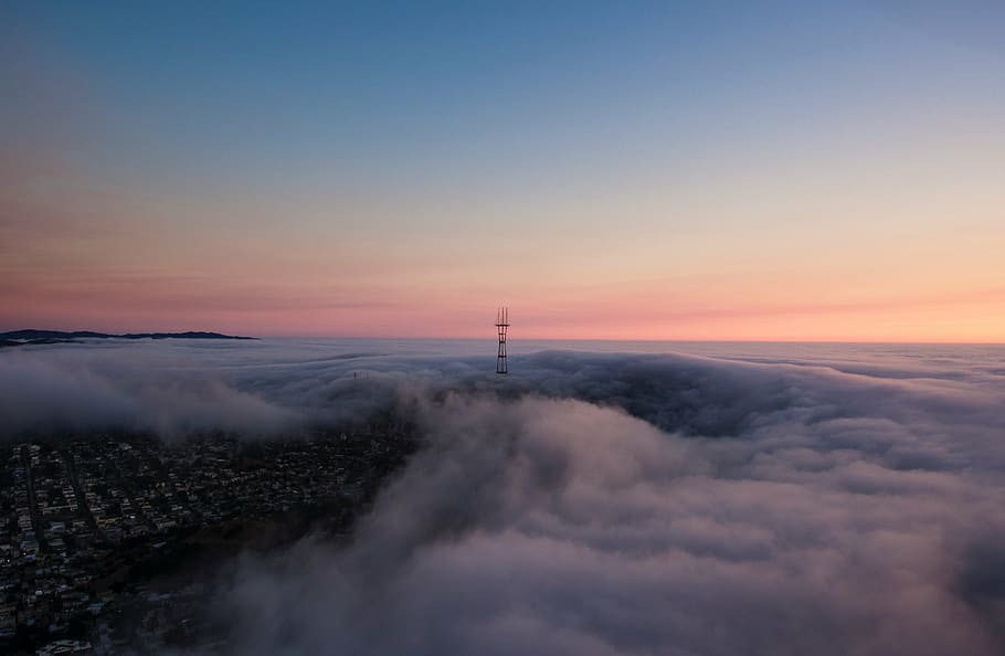 sea, clouds, buildings, infrastructure, tower, aerial, sky, fog, sunset, nature