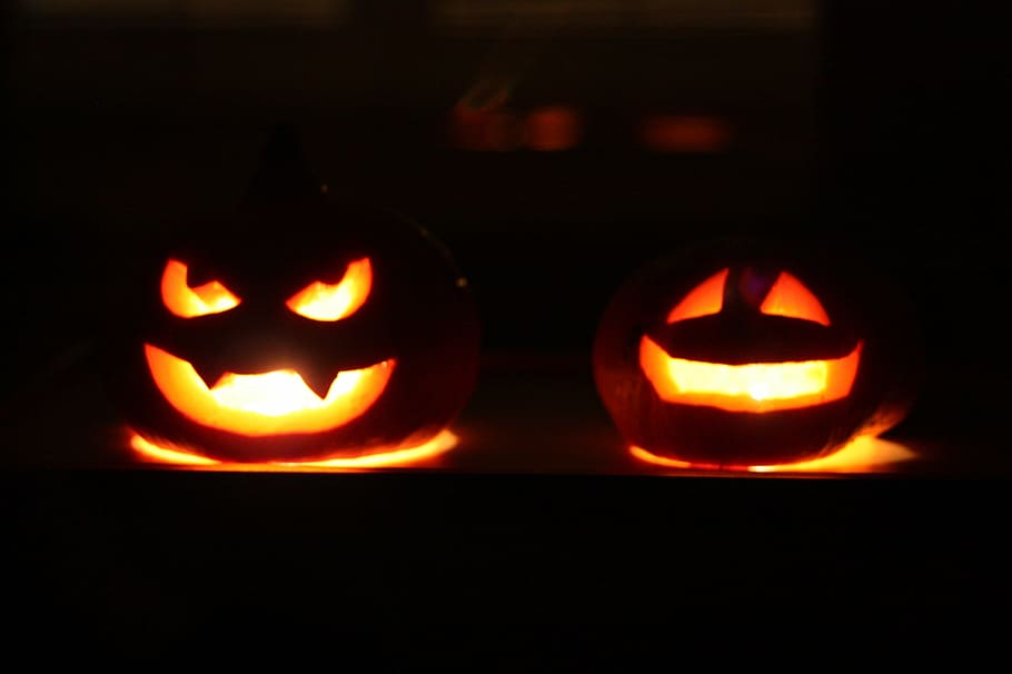 duas jack-o-lanternas iluminadas, jack o lanterna, dia das bruxas, abóbora, lanterna, feriado, laranja, outono, outubro, jack