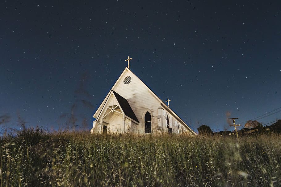 low, angle photo, church, nighttime, green, grass, farm, field, architecture, stars