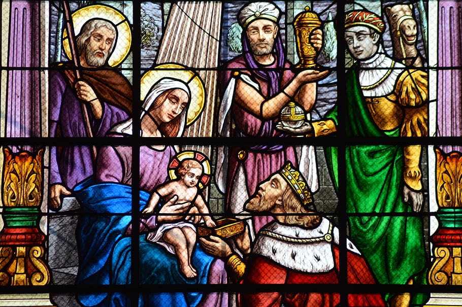 vidrieras, colorido, ventana, iglesia, navidad, magos, niño, madre, maría, jesús