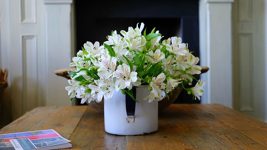 white, petaled flowers, vase, tabletop, petaled, flowers, arrangement, ceramic, placed, brown
