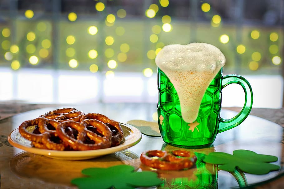 green, glass beer stein, pretzel, filled, white, plate, st paddy's day, st patrick's day, green beer, beer