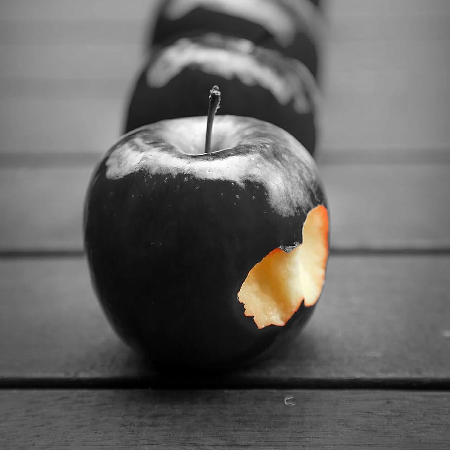 close-up photo, black, apple fruit, ground, apple, fruit, bite, healthy, delicious, food