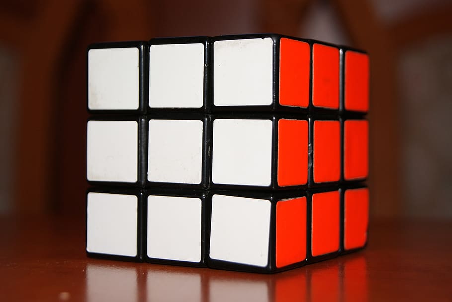 rubik, cube, puzzle, strategy, 3d, red, white, solved, indoors, geometric shape