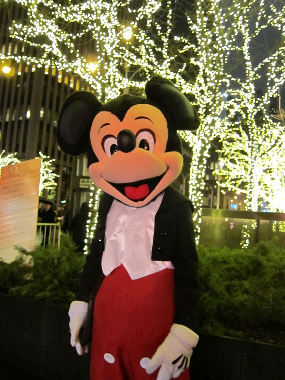 mickey mouse mascot, front, led, lighted, bare, trees, mickey mouse, new york city, christmas in nyc, tree