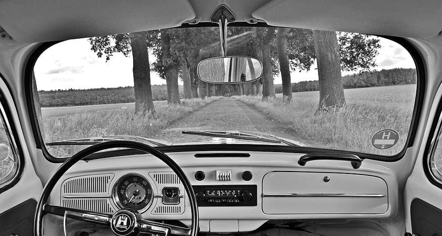 black, white, car steering wheel, black and white, car, steering wheel, vw, beetle, vw beetle, classic