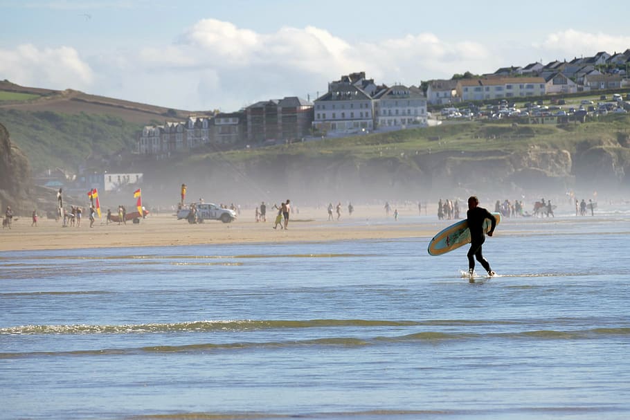 man, running, seashore, holding, surfboard, daytime, penhale sands, perranporth, perranporth beach, cornwall