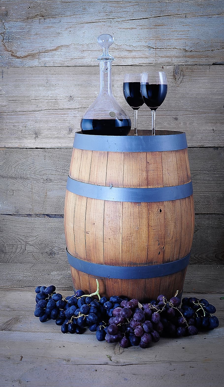 wine barrel, wine carafe, wine glasses, grapes, wine, barrel, food and drink, alcohol, wine cask, refreshment