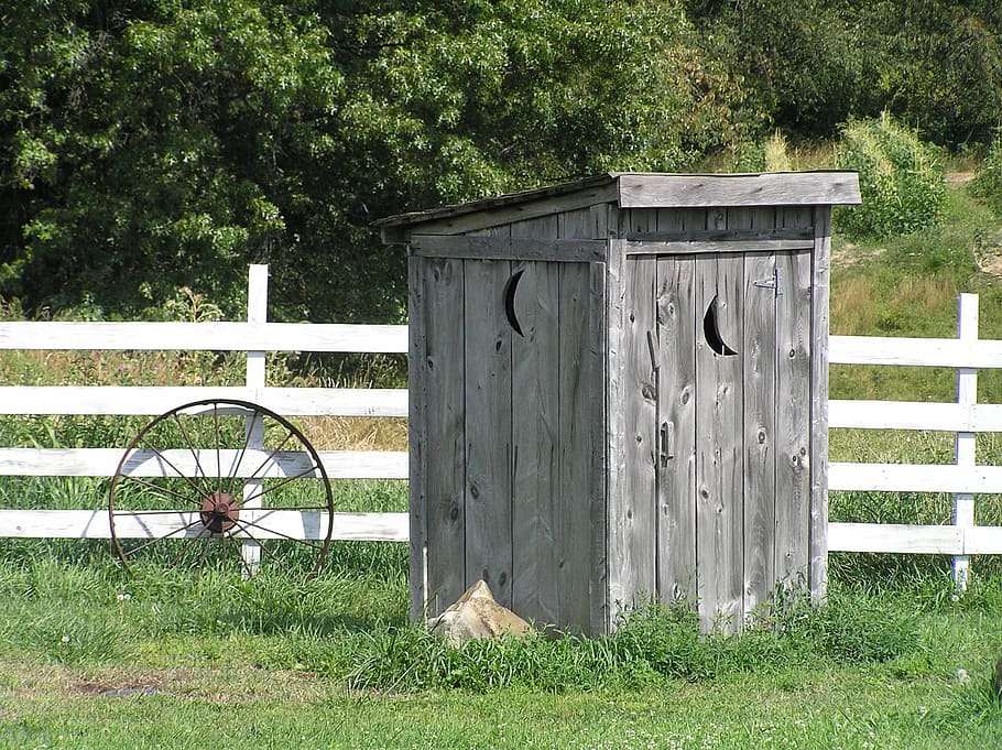 outhouse, rural, rustic, plant, grass, field, day, green color, nature, wood - material