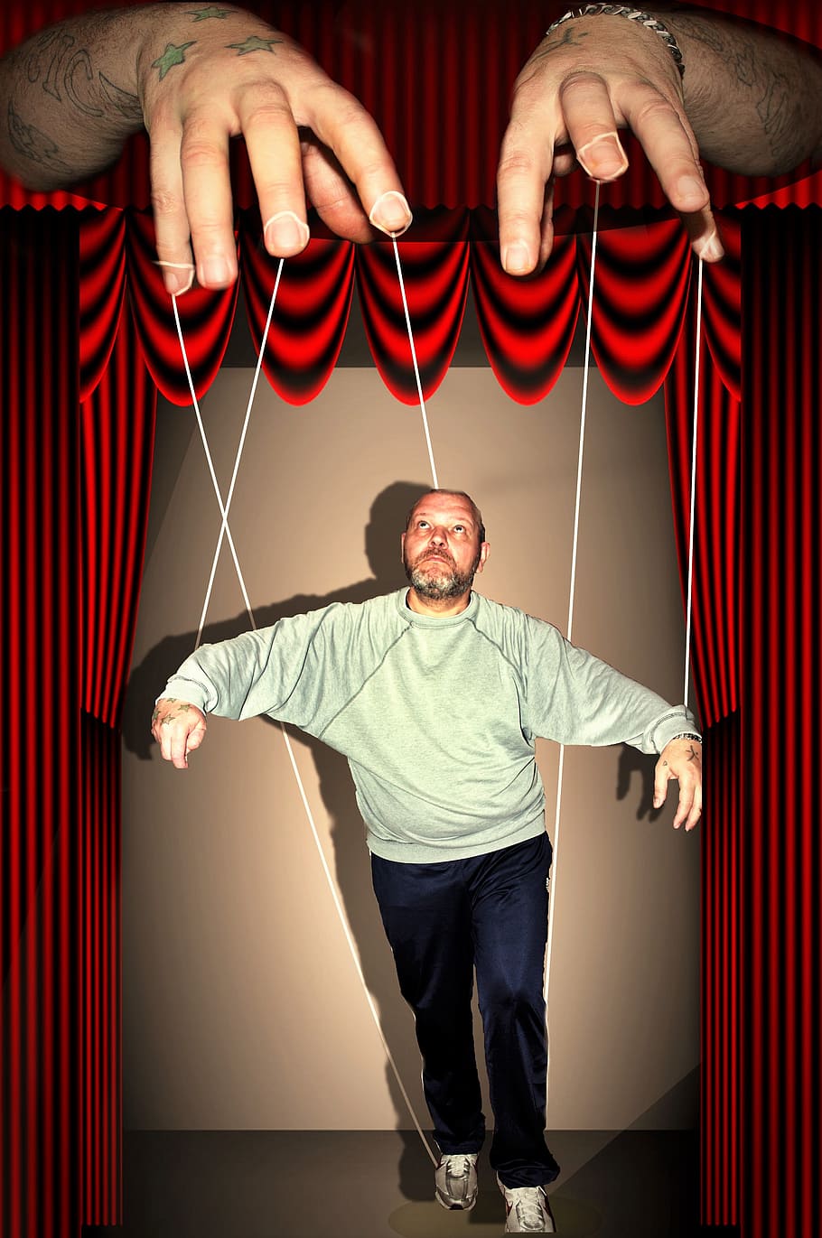 male marionette illustration, hands, man, stage, presentation, keep, puppet, puppeteer, steering, lead