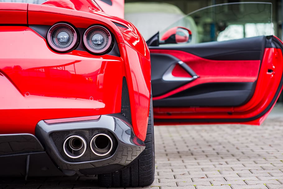 Ferrari, fondo, coche de lujo, escape, rojo, modo de transporte, transporte, automóvil, vehículo de motor, vehículo terrestre