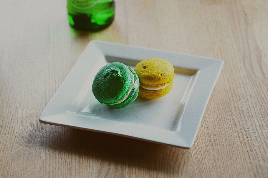 green, yellow, macaroons, square plate, bread, pastry, bake, food, snack, baker