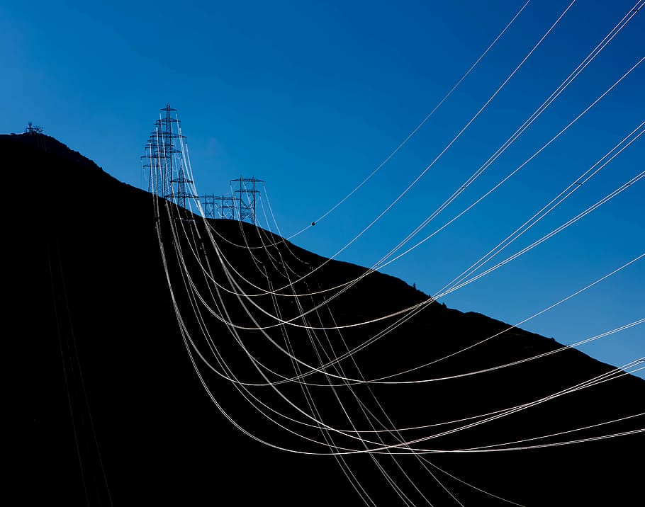 elétrico, cargo, montanha, escuro, azul, céu, transmissão, linha, eletricidade, linha de energia