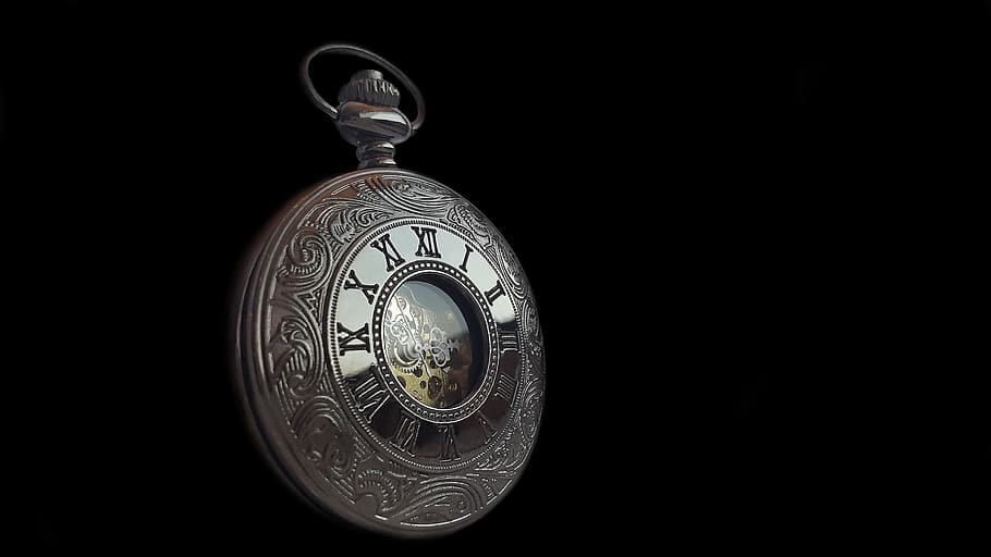 round silver-colored, framed, pocket, watch, black, background, photography, silver, pocket watch, clock