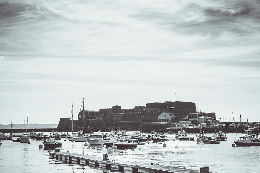 Castle, Guernsey, History, black and white, boats, dramatic, sky, heritage, landmark, castle cornet