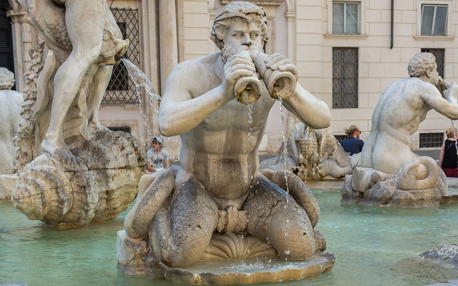 man, blowing, horn water fountain, rome, moor fountain, piazza navona, italy, water, sculpture, art and craft