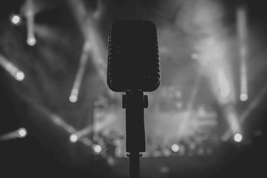 grayscale photo, microphone, black and white, spotlight, concert, stage, input device, focus on foreground, technology, music
