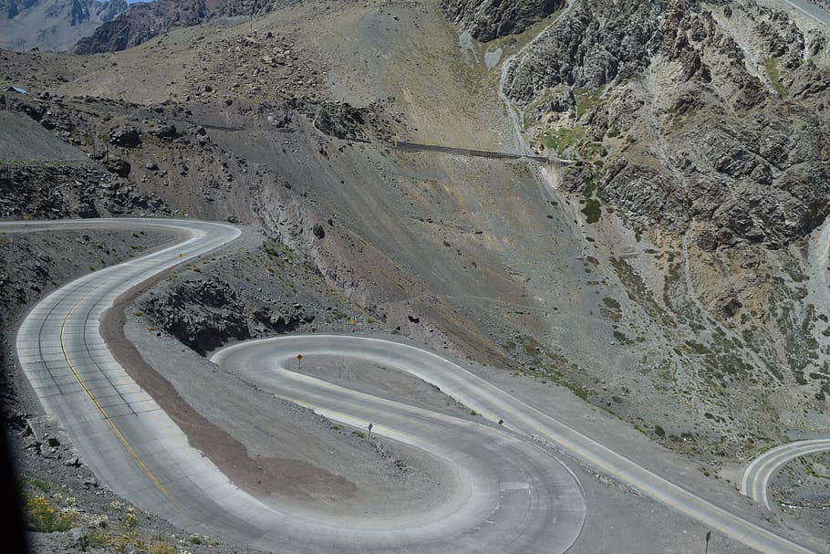 chile, andes, pass, pass road, paso del cristo redentor, paso libertadores, road, transportation, curve, high angle view