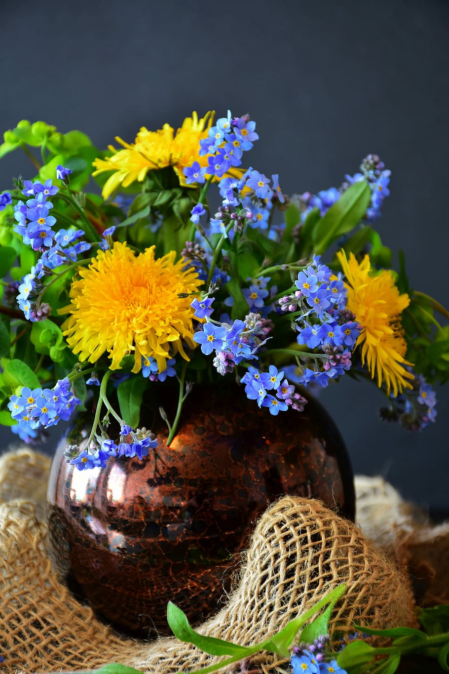 yellow, dandelion, purple, forget-me-not flower arrangement, brown, ceramic, vase, forget me not, flower, nature